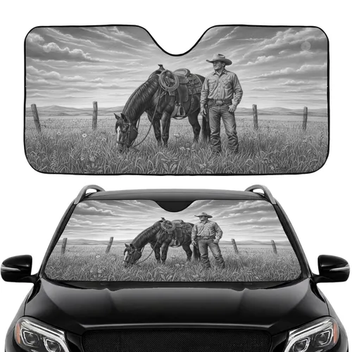 Saddled Horse Cowboy Sun-Dappled Grassy Field - Commute Accessory for Western Lover Car Sunshade