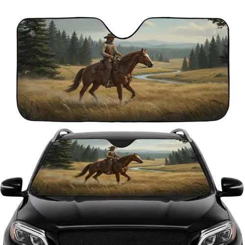 Lone Cowboy Majestic Horse Grassland Pine Forest - Road Trip Gift for Western Lover Car Sunshade