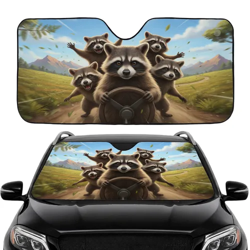 Five Raccoons Driving Journey Natural Landscape - Road Trip Travel Accessory Car Sunshade