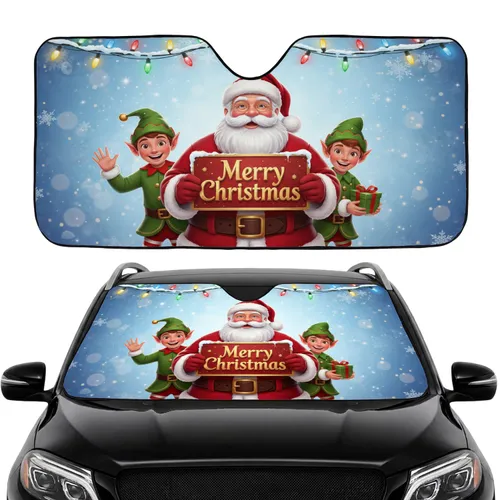 Red Suit Santa Claus Christmas Elves Merry Christmas Sign - Car Interior Road Trip Gift Car Sunshade