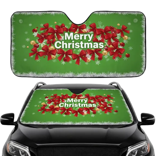 Merry Christmas Text Gift Bows Snowflakes Tinsel - Holiday Travel Car Sunshade