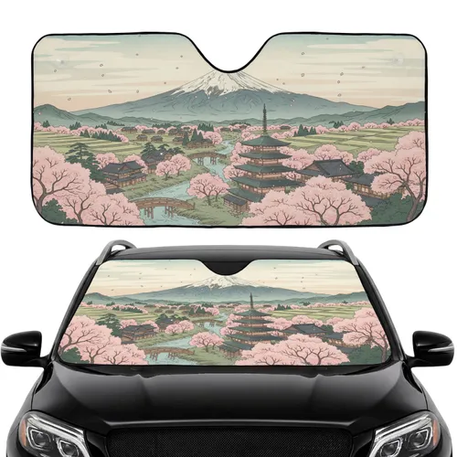 Mount Fuji Japanese Village Cherry Blossom River Pagoda - Car Interior Upgrade Road Trip Car Sunshade