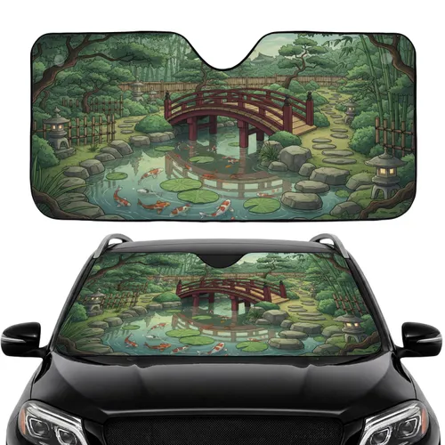Koi Pond Wooden Bridge Japanese Garden Stone Lanterns - Road Trip Essential Car Sunshade