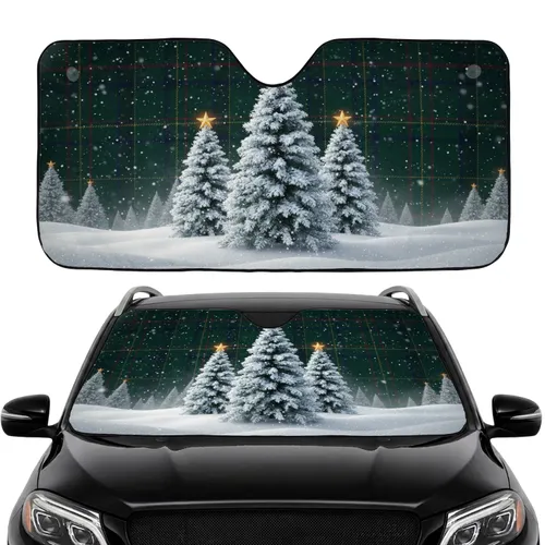 Snow-Covered Evergreen Trees Golden Stars Tartan - Winter Travel Car Interior Upgrade Car Sunshade