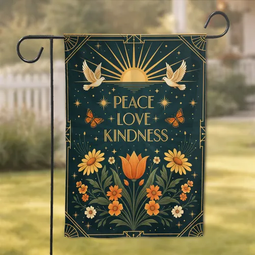 Peace Love Kindness Golden Doves Monarch Butterflies Art Deco Border Home Decor Gift Garden Flag