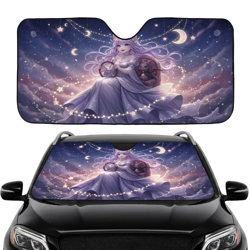 Cat Girl Bat Moon Star Night Sky Steering Wheel - Car Interior Upgrade Car Sunshade