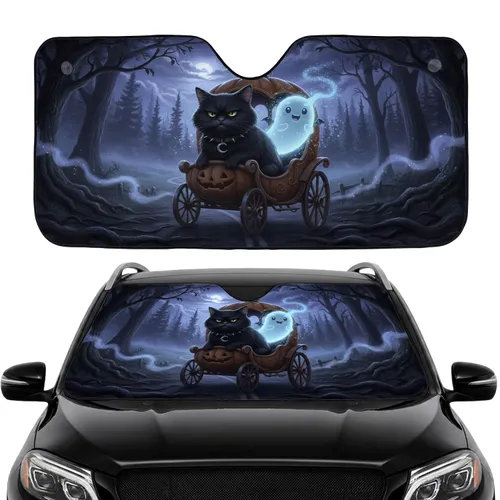 Black Cat Ghost Driver, Bat Wings Crescent Moon - Car Interior Upgrade Car Sunshade