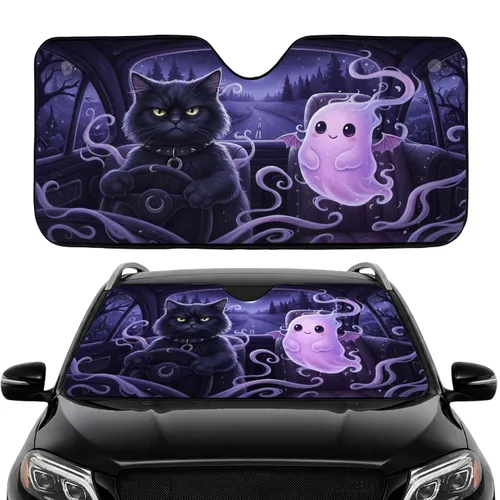 Grumpy Black Cat Cute Ghost Gothic Night Crescent Moon Road Trip Gift Car Sunshade