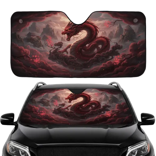 Fierce Red Dragon Ancient Temple Mystical Mountains - Car Interior Upgrade Car Sunshade