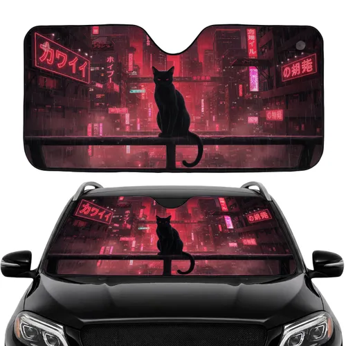Black Cat Silhouetted Rainy Cyberpunk City Neon Kanji - Car Interior Upgrade Car Sunshade