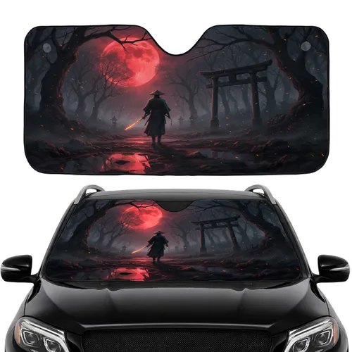 Lone Samurai Warrior Red Moon Torii Gate - Commute Accessory for Car Interior Car Sunshade
