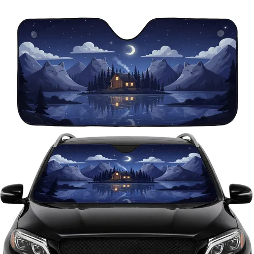 Cat Faced Mountains Cabin Starry Sky Crescent Moon - Car Interior Upgrade Car Sunshade