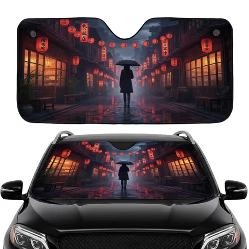 Lone Figure Umbrella Rainy East Asian Alley Night Scene - Car Interior Upgrade Car Sunshade