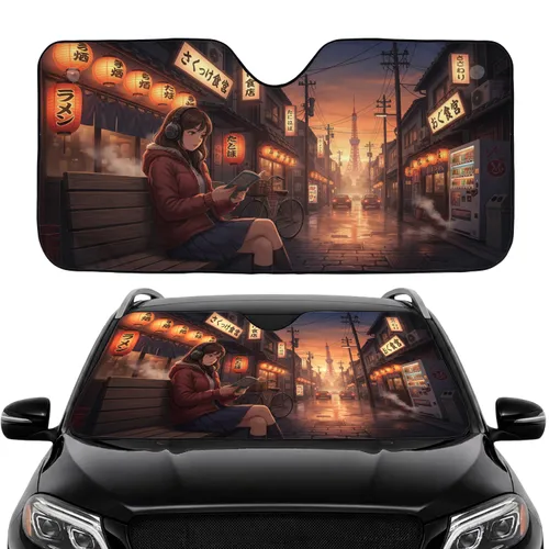 Young Woman Reading Book Ramen Lanterns Tokyo Cityscape Scene Car Interior Upgrade Car Sunshade