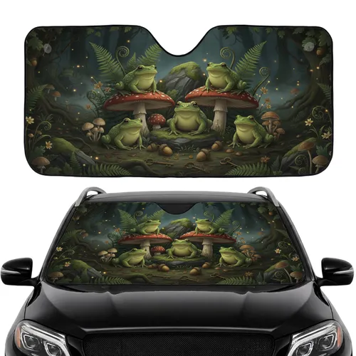 Plump Green Frogs Red-Spotted Toadstools Enchanted Forest Glowing Flowers - Road Trip Gift Car Sunshade