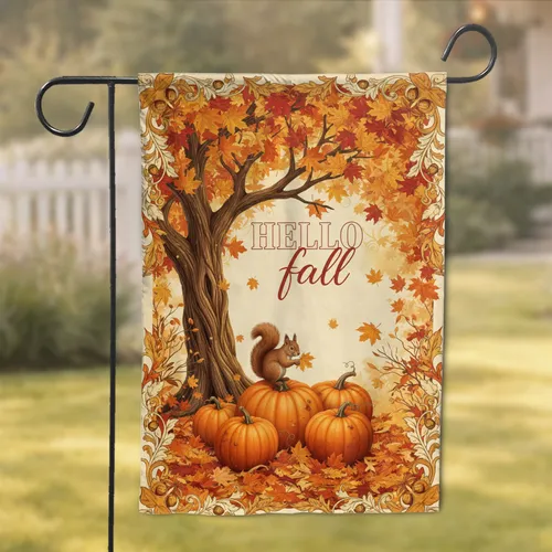 HELLO Fall Pumpkins Squirrel Autumn Tree Maple Oak Leaves - Fall Home Decor Garden Flag