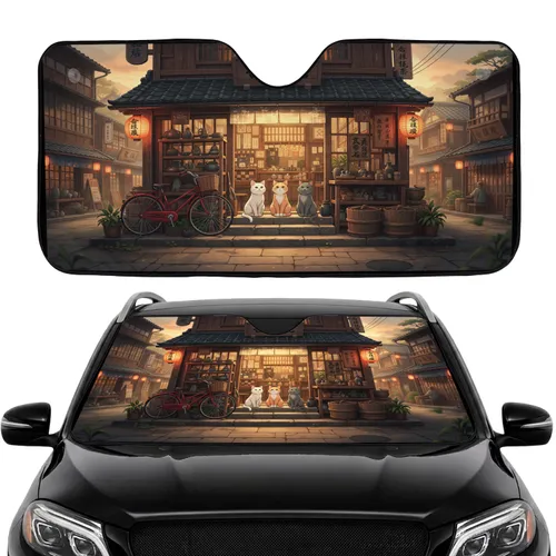 Three Cats Japanese Street Storefront - Car Interior Upgrade Cat Lover Gift Car Sunshade