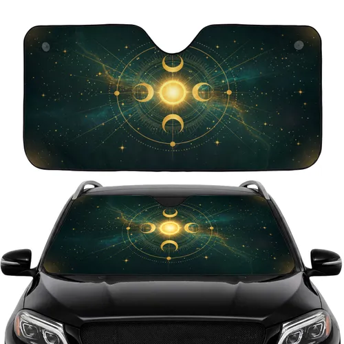Golden Sun Full Crescent Moon Starbursts Cosmic Constellation - Road Trip Accessory Car Sunshade