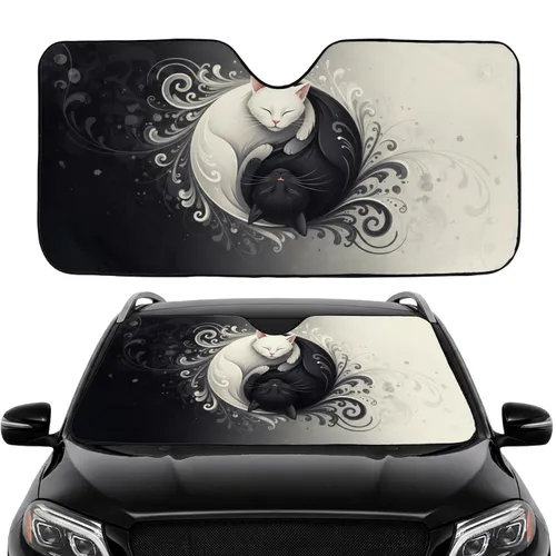 Black White Intertwined Cats Yin Yang Swirling Light Shadow - Car Interior Upgrade Car Sunshade