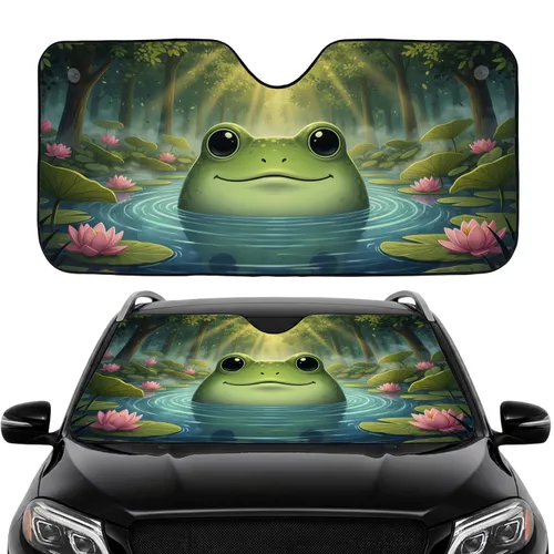Plump Green Frog Lily Pad Lotus Pond Forest - Road Trip Gift for Frog Lover Car Sunshade