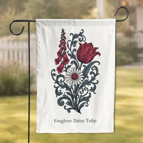 Deep Crimson Tulip Foxglove Daisy Ornate Foliage Home Decor Gift for Botanical Lover Garden Flag