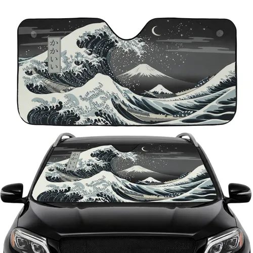 Ukiyo-e Ocean Wave Fuji Starry Night Kawaii - Car Interior Upgrade Car Sunshade