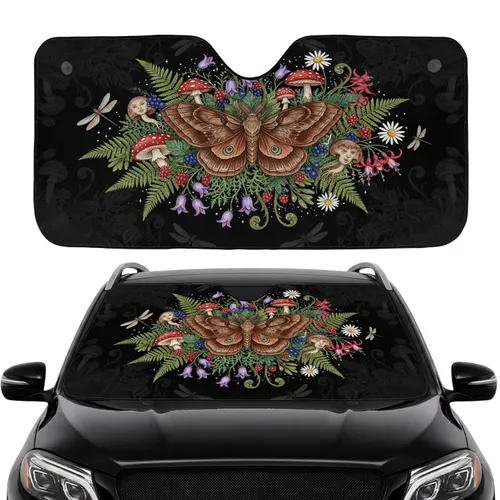 Realistic Brown Moth Wildflower Ferns Forest Dragonflies Car Interior Upgrade Car Sunshade