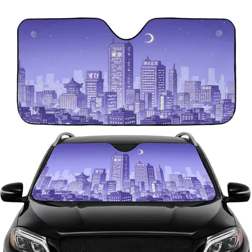 Pixel Art Tokyo Night Cityscape Luminous Windows Crescent Moon - Car Interior Upgrade Car Sunshade