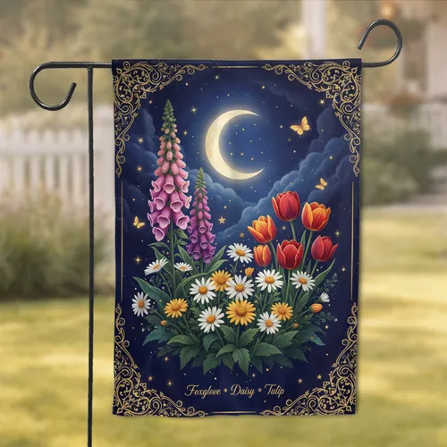Foxglove Daisy Tulip Floral Butterfly Crescent Moon Golden Filigree Home Decor Gift Garden Flag