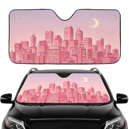 Pixel Art Tokyo Skyscrapers City Night Glow Stars Moon - Road Trip Essentials Car Sunshade