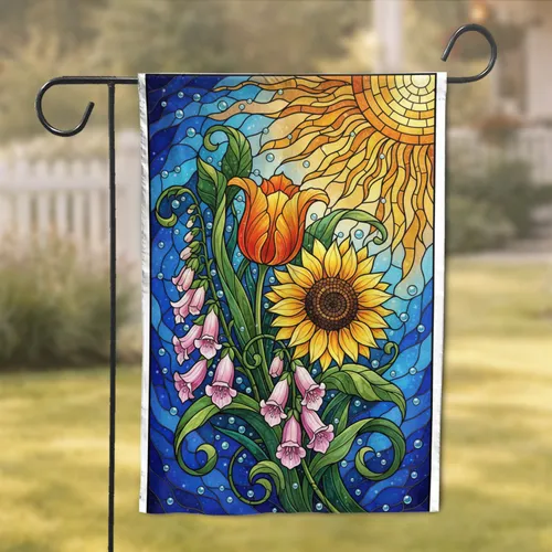 Stained Glass Sunflower Tulip Foxglove Blooms - Garden Lover Home Decor Gift Garden Flag