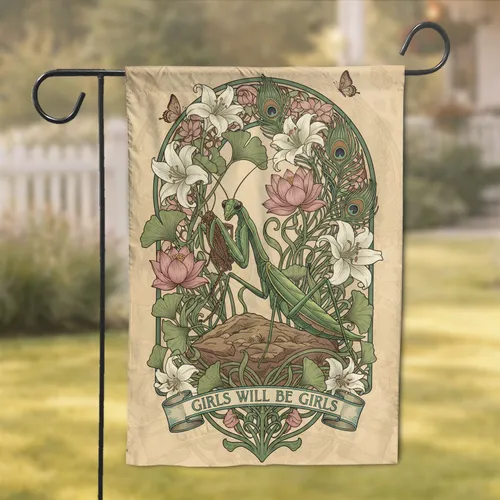 Emerald Mantis Grasshopper Girls Will Be Girls Art Nouveau - Nature Home Decor Gift Garden Flag