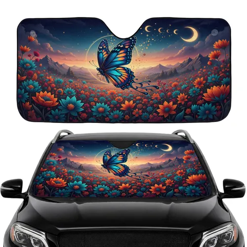 Majestic Blue Butterfly Wildflowers Twilight Moon Stars - Car Interior Upgrade Car Sunshade