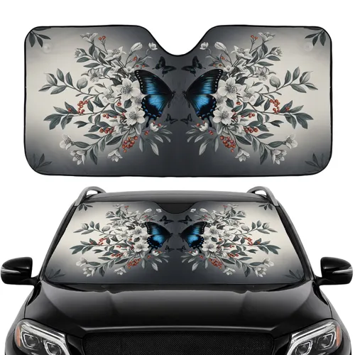 Black Butterfly Iridescent Blue Floral Botanical - Car Interior Upgrade Car Sunshade