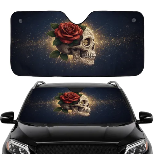 Filigree Sugar Skull Deep Red Rose Twinkling Star Cosmic Night Sky Car Interior Upgrade Car Sunshade
