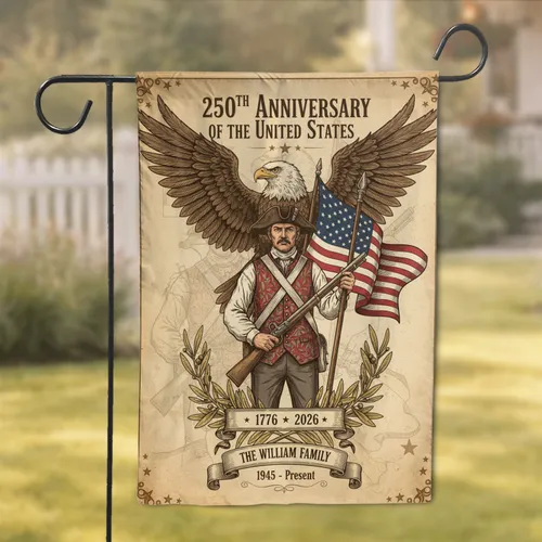 Colonial Minuteman Eagle American Flag USA 250th Anniversary - Fathers Day Gift Garden Flag