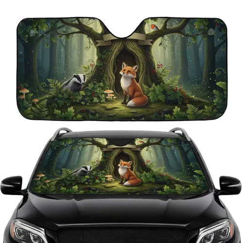 Gnarled Ancient Tree Fox Badger Robin Forest Foliage Berries - Car Interior Upgrade Car Sunshade