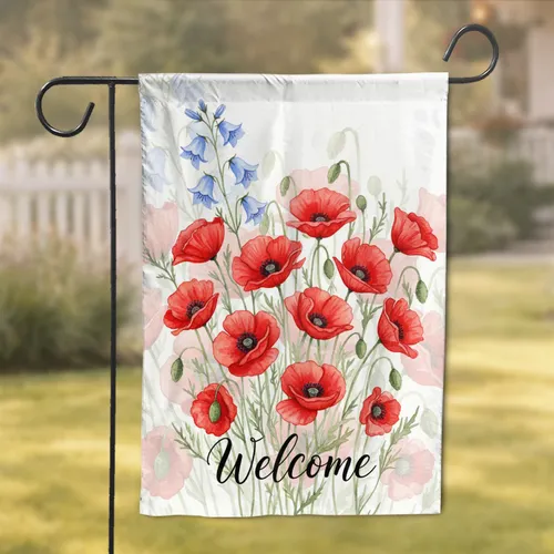 Red Poppies Blue Bellflowers Welcome Script - Home Entryway Decor Garden Flag