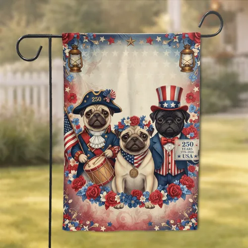 Patriotic Pugs Colonial Uniform American Flag USA 250th Anniversary 1776-2026 Garden Flag