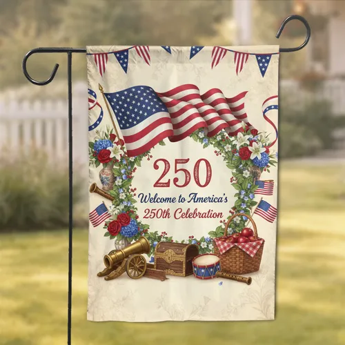 American Flag Laurel Wreath '250' - USA 250th Celebration Independence Day Gift Garden Flag