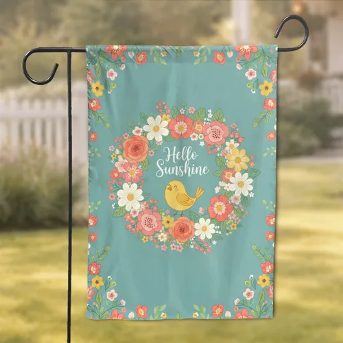 Hello Sunshine Yellow Bird Spring Summer Floral Wreath - Home Decor Gift for Bird Lover Garden Flag