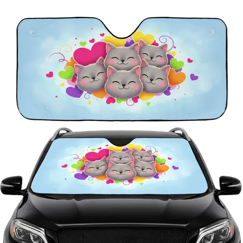 Smiling Grey Cats Vibrant Hearts Car Interior Upgrade - Cat Lover Gift Car Sunshade