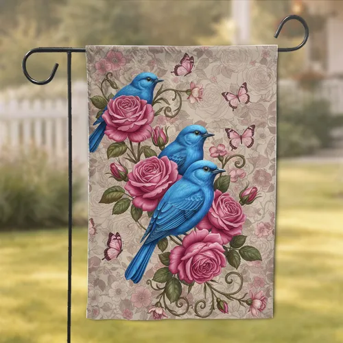 Blue Birds Pink Roses Butterflies Green Foliage - Bird Lover Home Decor Gift Garden Flag