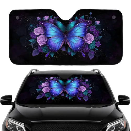 Blue Purple Butterfly Roses Dark Garden Commute Accessory Butterfly Lover Gift Car Sunshade
