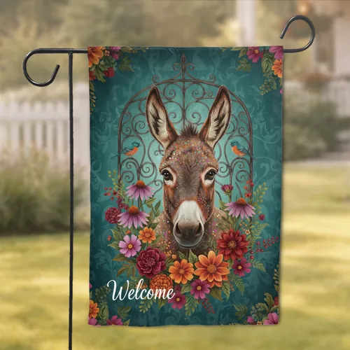 Brown Donkey Garden Gate Welcome Flowers - Home Decor Gift for Garden Lover Garden Flag