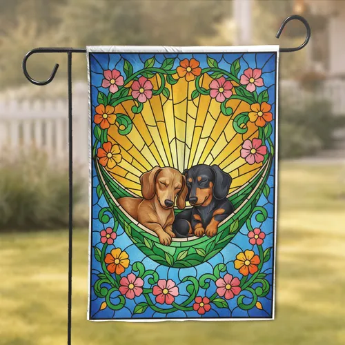 Sleeping Dachshunds Green Hammock Sunbeams Flowers Home Decor Gift for Dog Lover Garden Flag