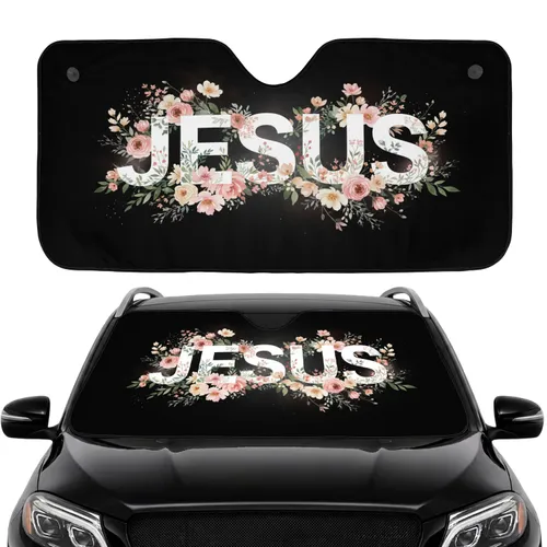 Black Background Jesus Blooming Botanical Floral Wreath Christian Car Interior Upgrade Car Sunshade