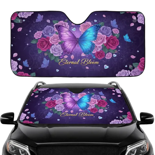 Purple Teal Iridescent Butterflies Blooming Roses Lush Floral - Car Interior Upgrade Car Sunshade