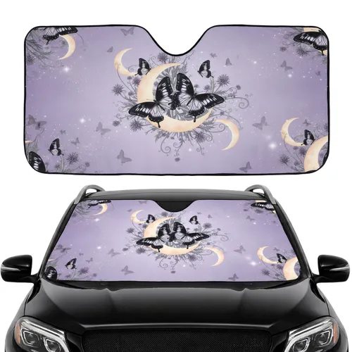 Black Butterflies Crescent Moon Thistle Spiraling Foliage Car Interior Upgrade Car Sunshade