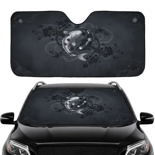 Dark Charcoal Gnarled Cherry Blossom Black Flowers Yin Yang Koi Fish - Road Trip Essentials Car Sunshade